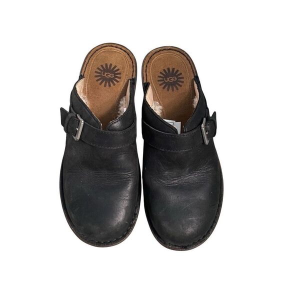 UGG Livia Black Leather Slip On Mules Sherpa Lined Size 7 - Picture 1 of 6